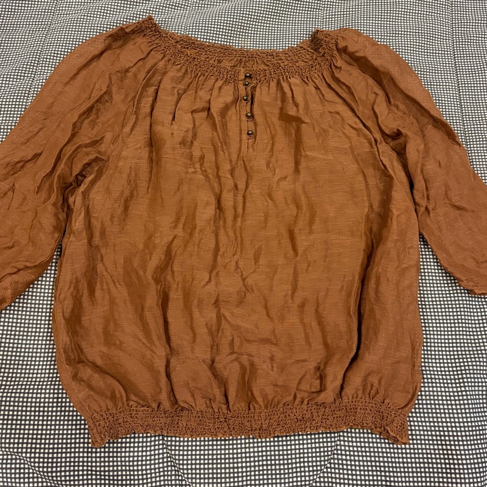 Womens Rust Smocked Off-Shoulder Blouse